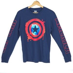 MARVEL Captain America Graphic Shirt Men's Medium Navy Nerd Geek Core Spell Out‎
